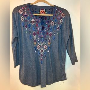 Ruah Knit Long Sleeve Henley Tunic in Ink with Embroidery by Johhny Was.